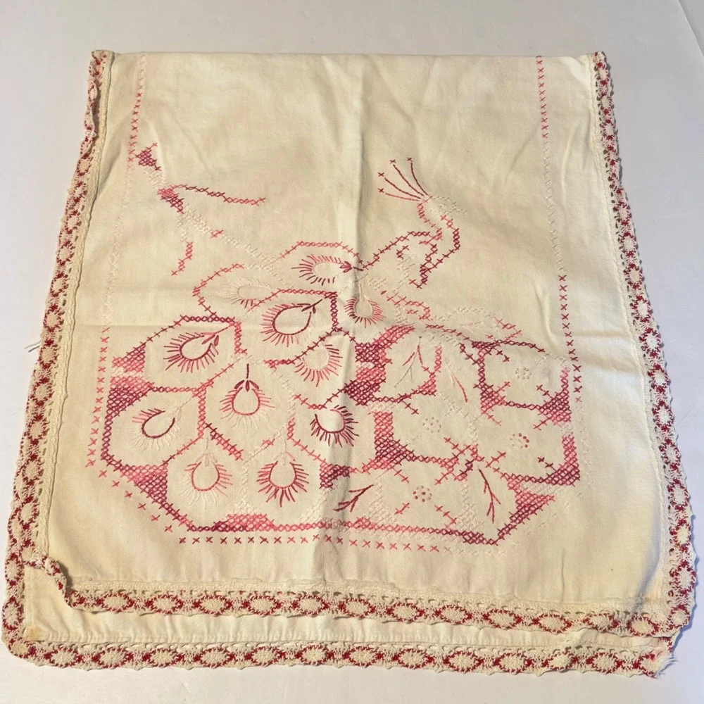 Vintage Handmade Peacock Table Runner Cross Stitch Embroidery Cottagecore Farm